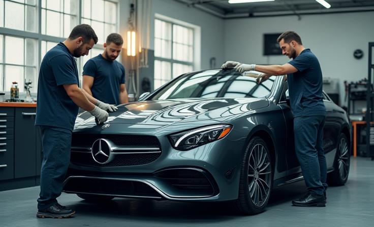 Team members detailing a car