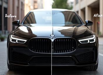 Before and after shot of exterior detailing on black sedan