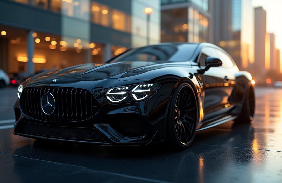 Polished black car reflecting cityscape